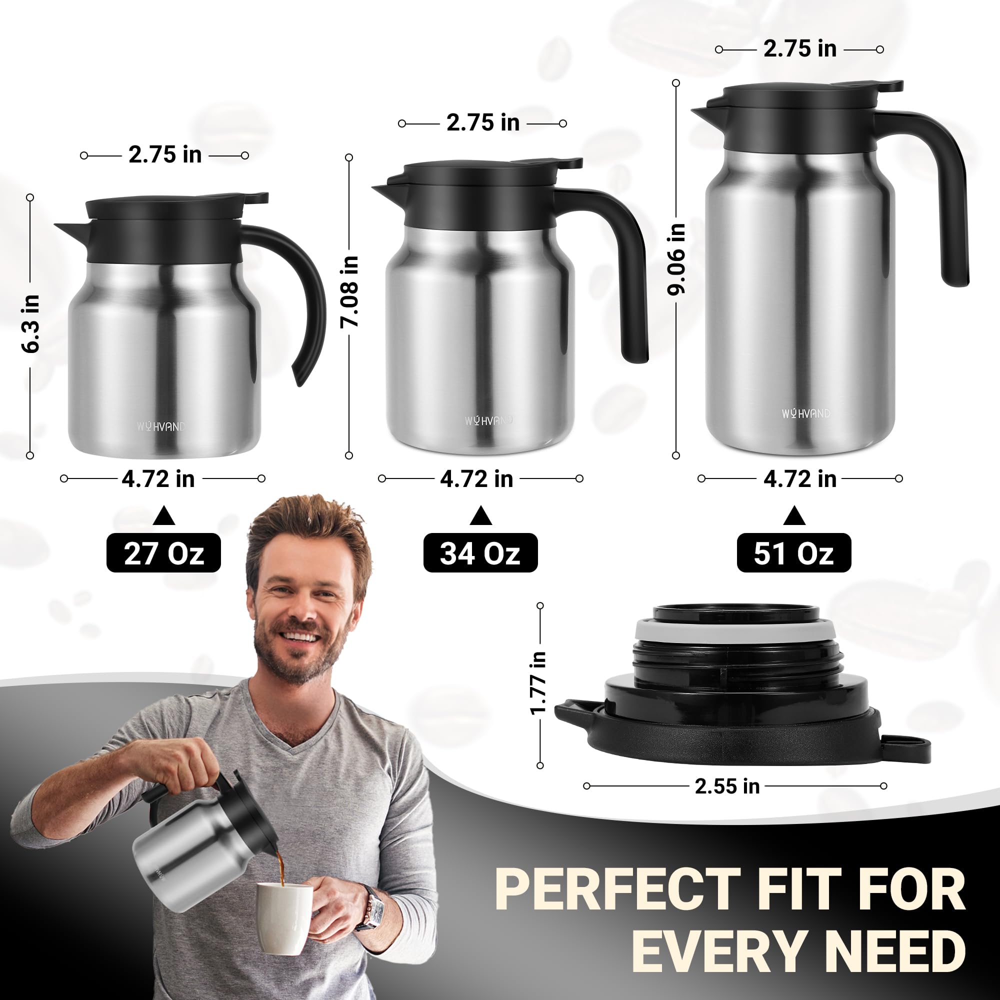 WYHVAND Insulated Coffee Carafe, 51 oz, Keeps Hot for 12H, Silver
