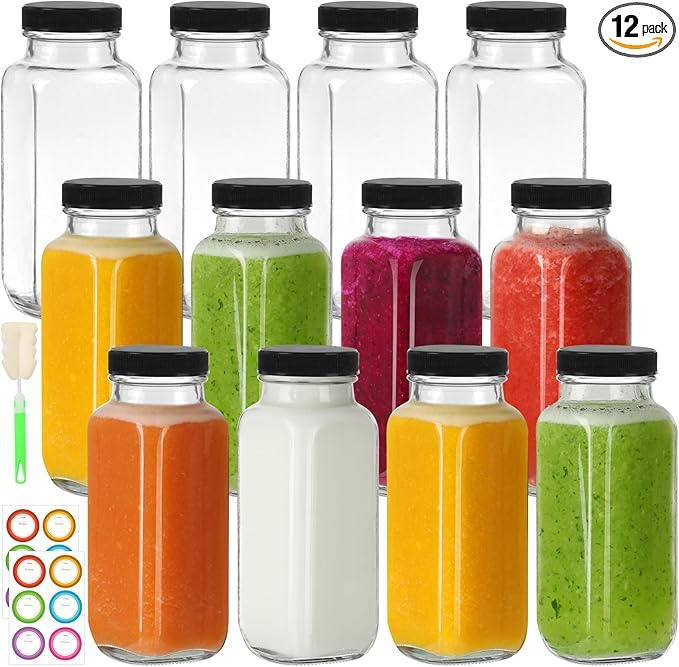 8 oz Glass Juice Bottles with Lids 12 Pack,Reusable Glass Drink Bottles,250ml Water Drinking Jars for Milk,Juicing,Kombucha,Ginger,Beverage Glassware,Juice Drinking Jars