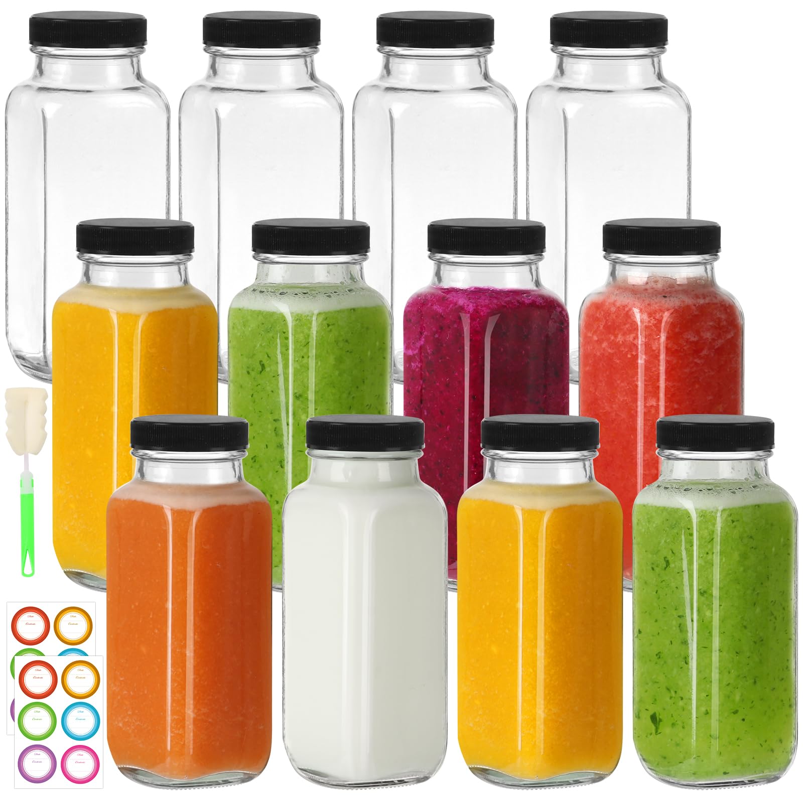 8 oz Glass Juice Bottles with Lids 12 Pack,Reusable Glass Drink Bottles