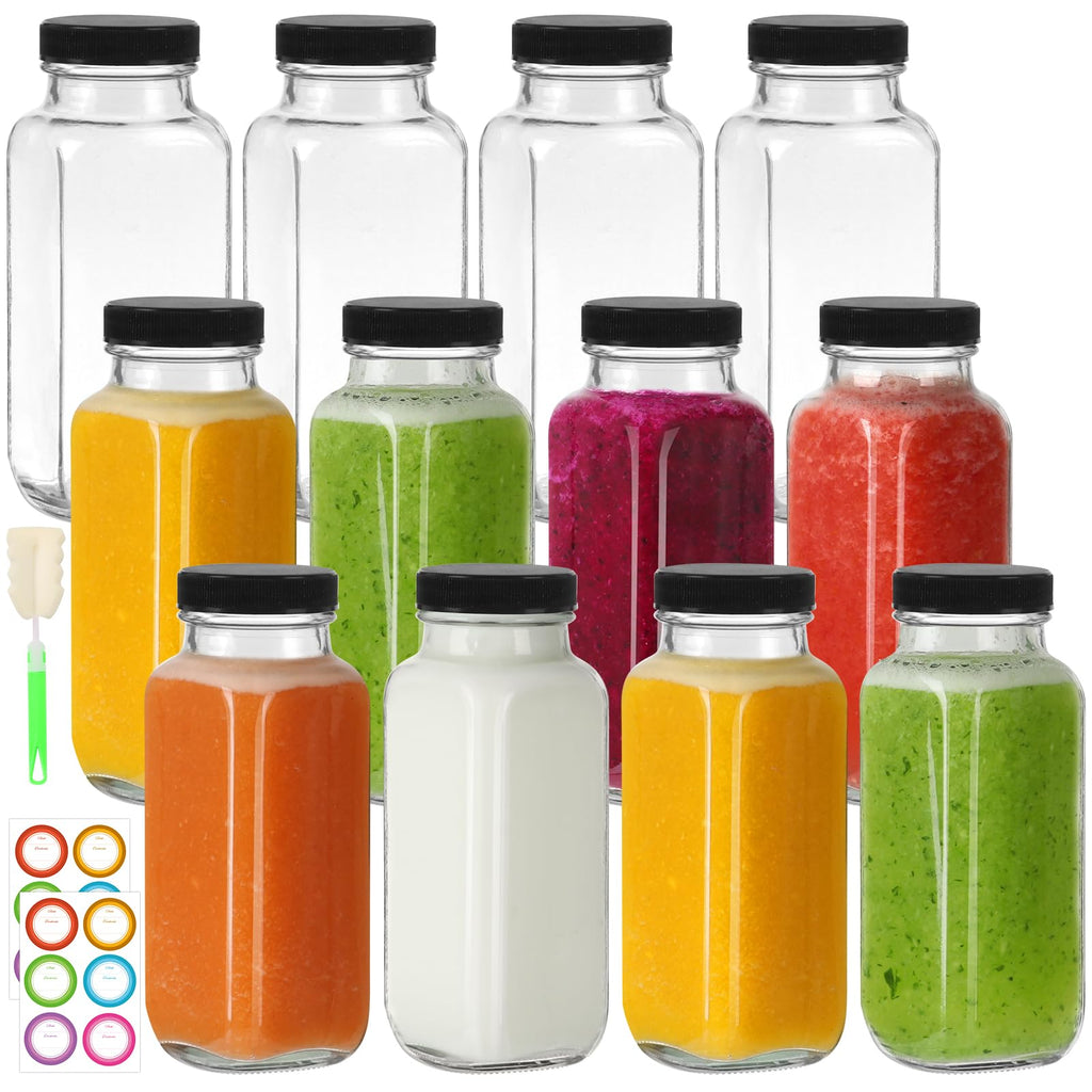 8 oz Glass Juice Bottles with Lids 12 Pack,Reusable Glass Drink Bottles
