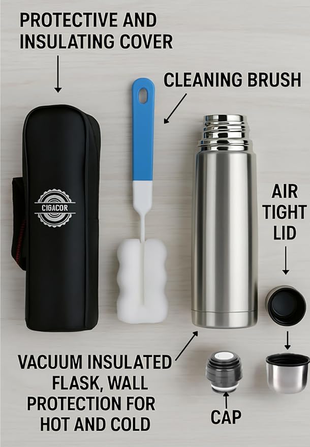 CIGACOR Stainless Steel Insulated Bottle – 17oz Coffee Travel Mug – Keeps Drinks Hot for 12 Hours & Cold for 24 – Leakproof Lid – Fits Car Cup Holders – Ideal for Office, Gym & Travel