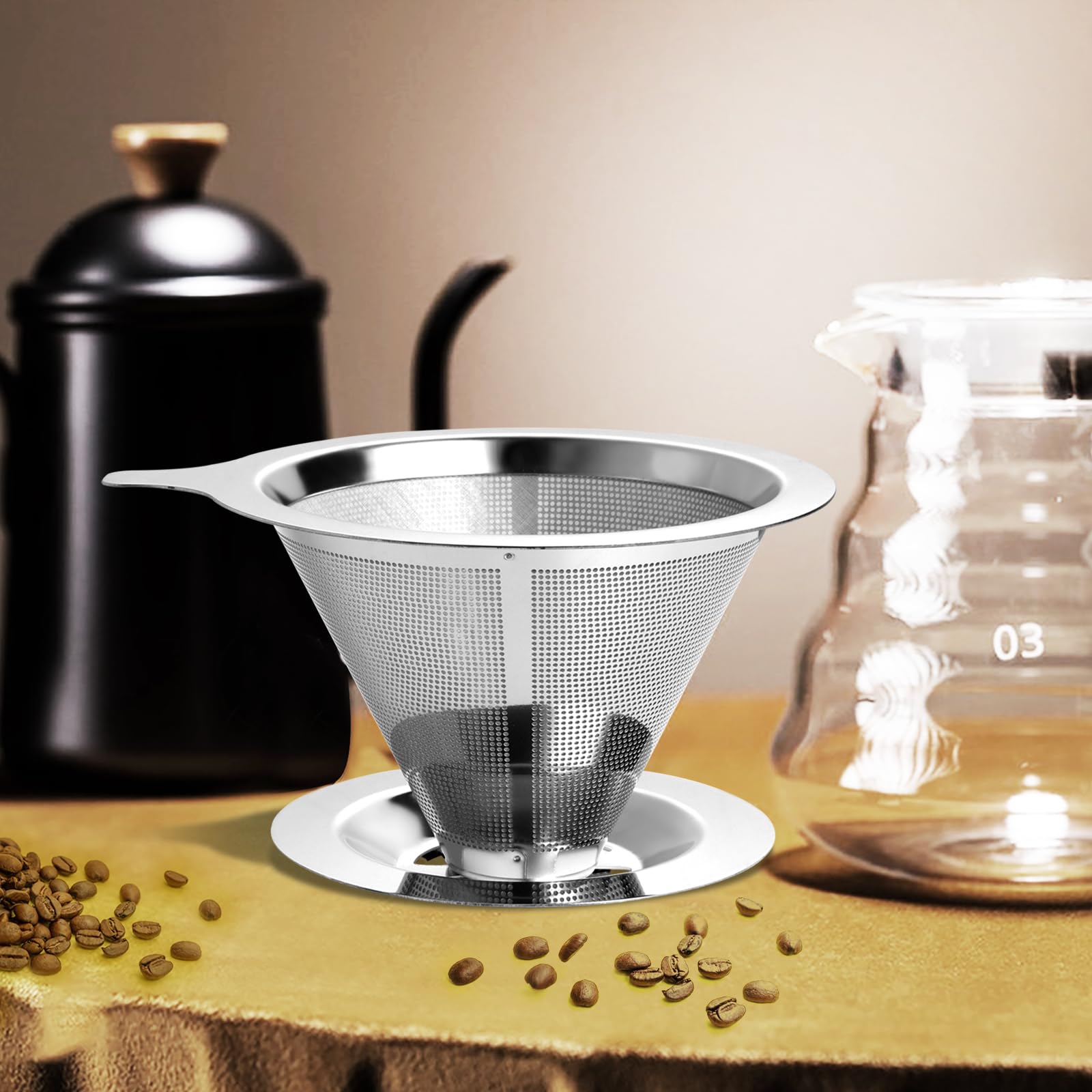 ANNMEXX Upgraded Pour Over Coffee Filter, Coffee Dripper, Paperless Mess Stainless Steel Coffee Filter, Maker One to Two Cup, Keeping Nature Coffee Flavour, Easy to Use and Clean (Large)