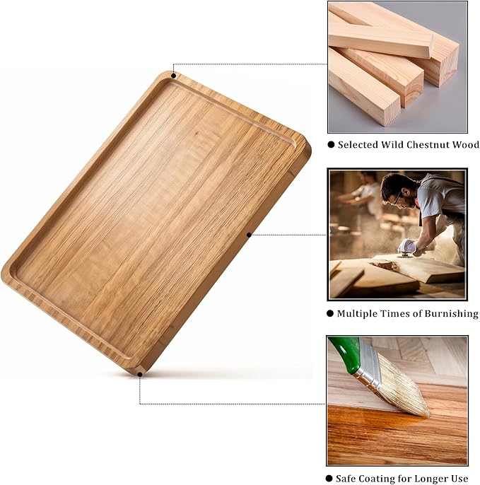 Wood Tray for Coffee Tea Wooden Serving Tray for Food Fruit Snack Decorative Serving Platter, 13.8x9.8 Inches