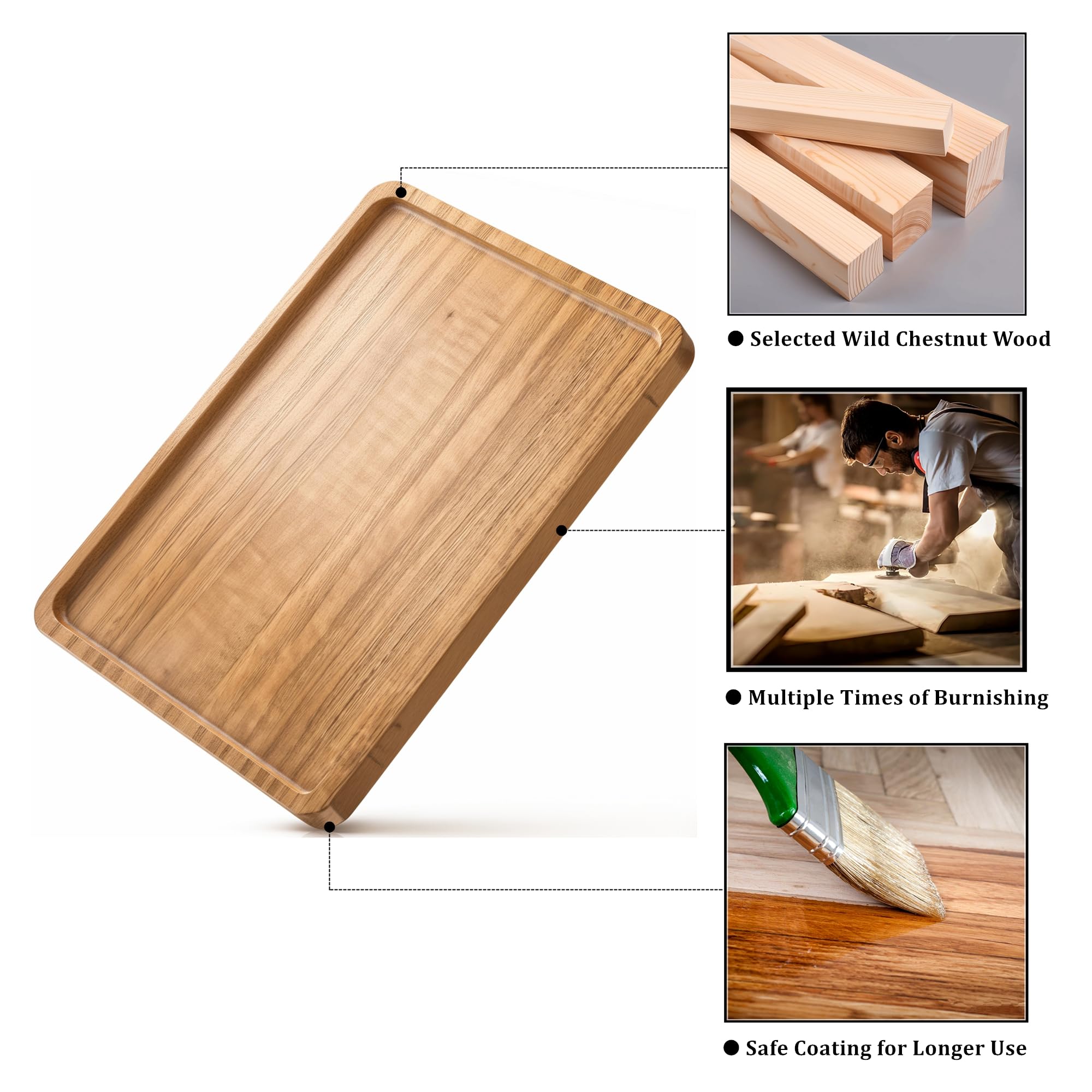 Oebberru Wood Tray for Coffee Tea Extra Large Wooden Serving Tray for Food Fruit Snack Decorative Serving Platter, 17.7x13.8 Inches, Light Color
