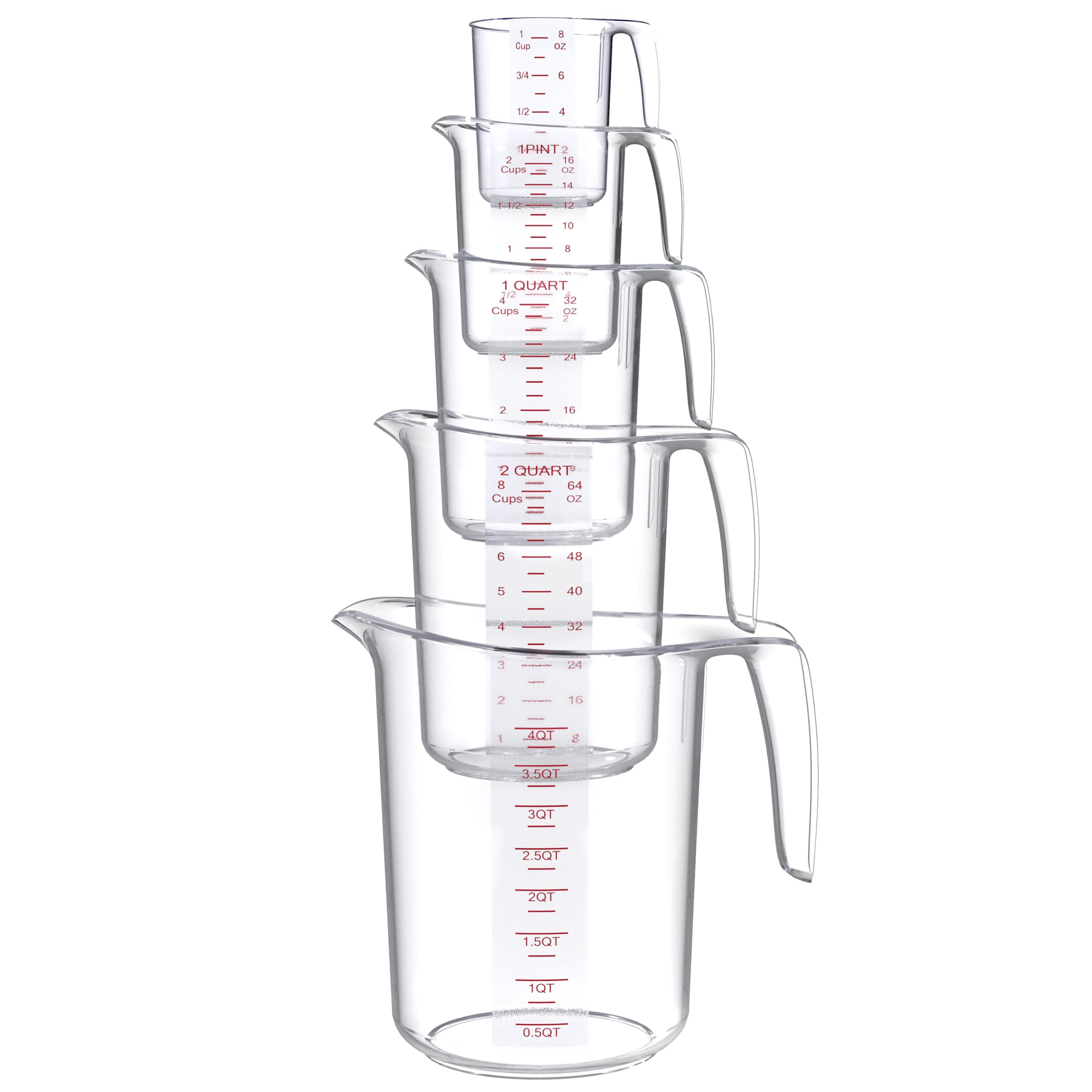 DaYammi Measuring Cups 5-Piece, Unbreakable Food-Grade Plastic Measuring Cup for Dishwasher, 1/2/4/8/16-Cup Nesting Liquid Measuring Cups for Prepping, Baking, Cooking, Readable Markings, Clear
