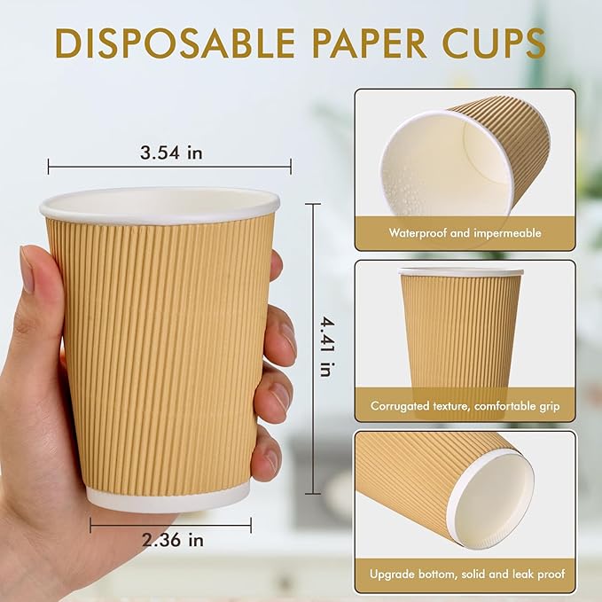 500 Pack 12 oz Paper Coffee Cups, Ripple Insulated Paper Cups, Hot Water Cups for Home, Office, Hotel, Meetings, Parties