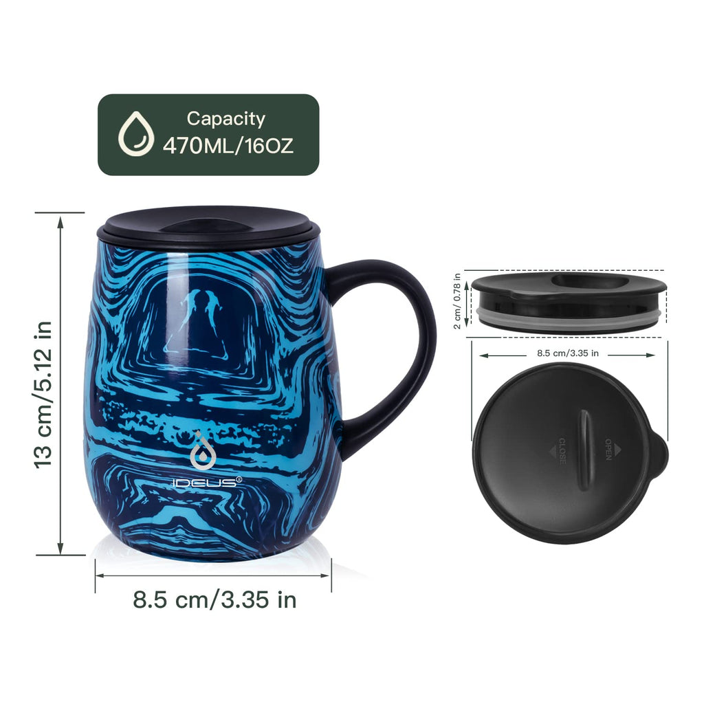 Ideus 16 oz Insulated Coffee Mug with Handle and Lid, Double Wall Stainless Steel Vacuum Thermal Coffee Mug, Travel Coffee Cup Thermal Cup for Home and Office, Blue Zebra