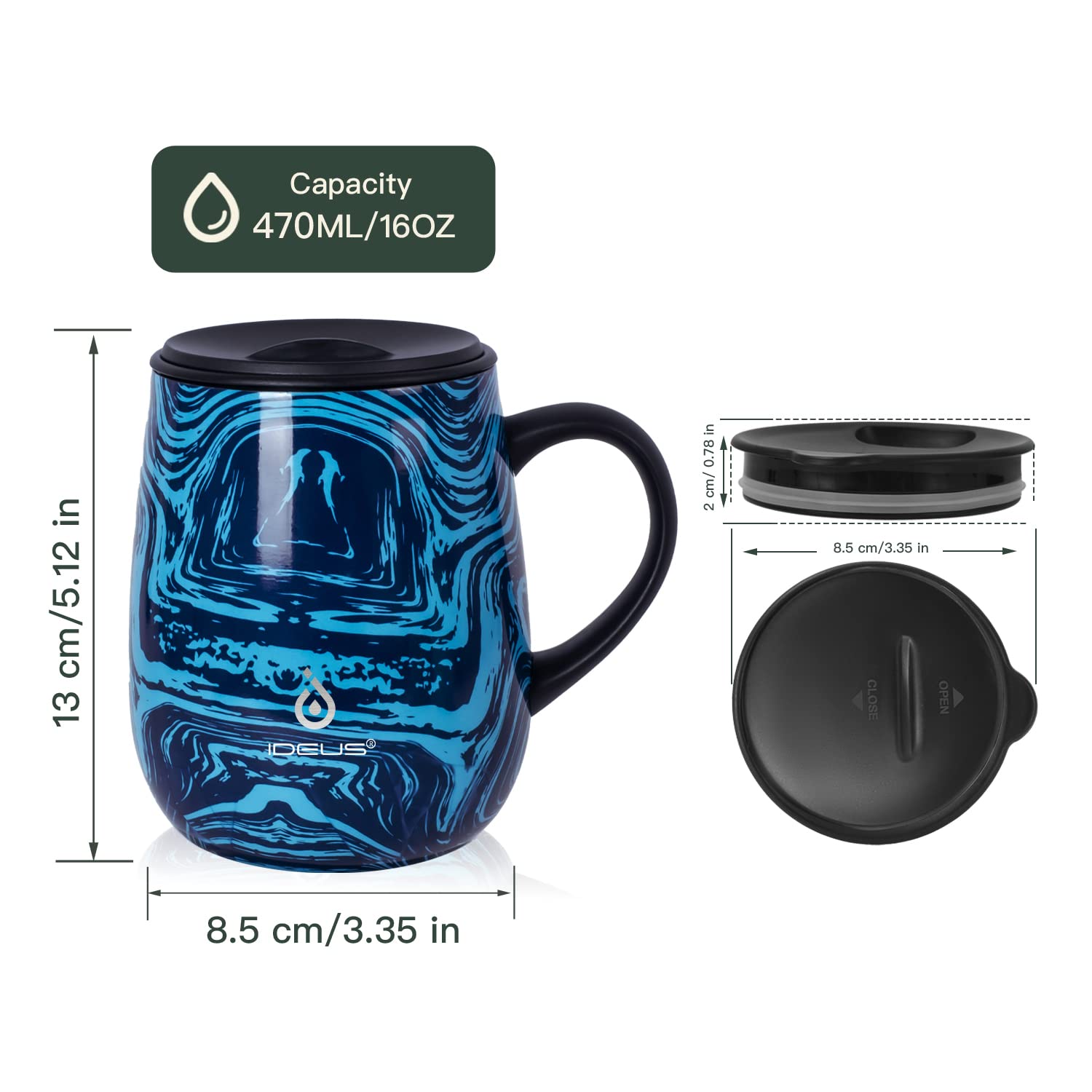 Ideus 16 oz Insulated Coffee Mug with Handle and Lid, Double Wall Stainless Steel Vacuum Thermal Coffee Mug, Travel Coffee Cup Thermal Cup for Home and Office, Blue Zebra