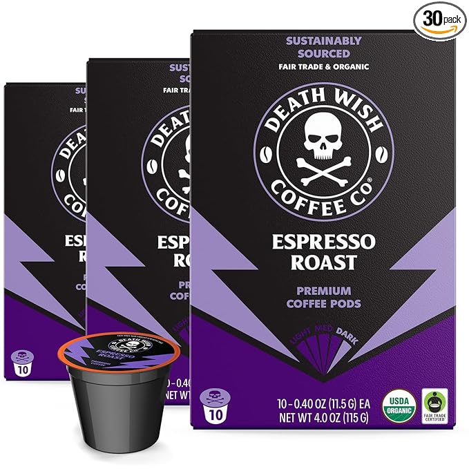 Death Wish Coffee Valhalla Java Single Serve Pods - Extra Kick of Caffeine - Medium Roast Coffee Pods - Made with USDA Certified Organic Fair Trade Arabica and Robusta Beans 10 Count (pack of 1)