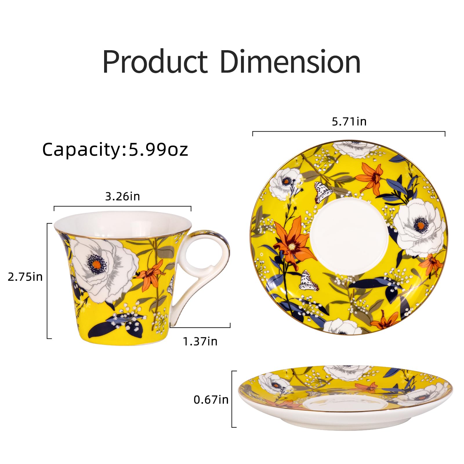 KAMMAK Tea Cups and Saucers Set of 2, 5.7 oz Porcelain Coffee Cups, 567N