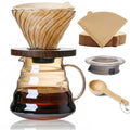 CHDEXU Pour Over Coffee Maker Set 20 oz, 600 ml Borosilicate Glass Coffee Server with Glass Lid, 50 pcs Paper Filter, Walnut Handle Pour Over Coffee Dripper for Home Café Restaurant, Gold
