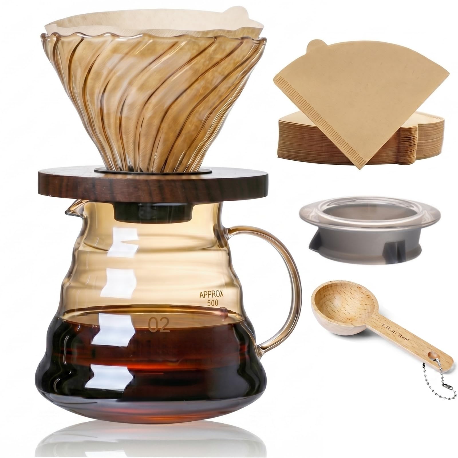 CHDEXU Pour Over Coffee Maker Set 20 oz, 600 ml Borosilicate Glass Coffee Server with Glass Lid, 50 pcs Paper Filter, Walnut Handle Pour Over Coffee Dripper for Home Café Restaurant, Gold