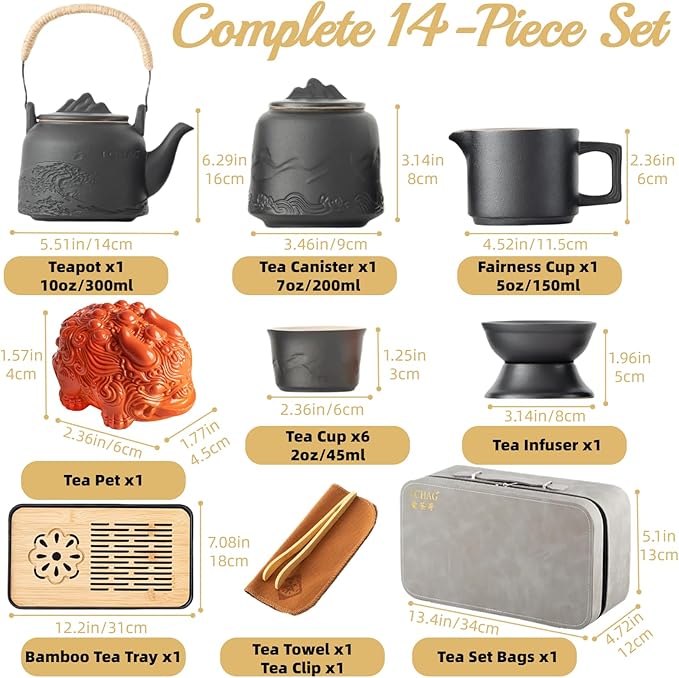 ICHAG Chinese Tea Set, Japanese Tea Sets for Adults, 15-Piece Porcelain Gongfu Tea Set with Tea Pet & Tea Tray, Japanese Teapot Set, Travel Tea Party Set, for Home/Office/Outdoor/Gifts (Black)