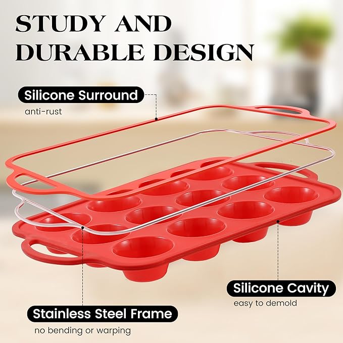 2 Pcs Silicone Muffin Pan for Baking with Metal Frame, Nonstick 12 Cup Regular Size Cupcake Pan, Silicone Muffin Tray for Egg Bites (Red)