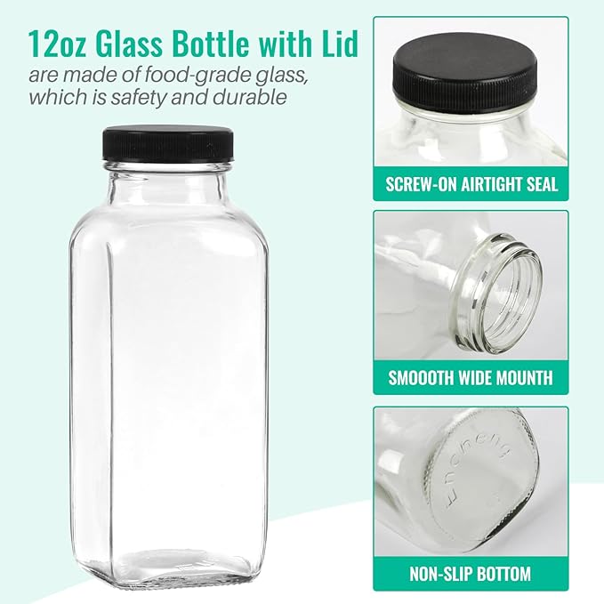 12 oz Glass Juice Bottles with Lids 6 Pack,Reusable Glass Drink Bottles,350ml Water Drinking Jars for Milk,Juicing,Kombucha,Ginger,Beverage Glassware,Juice Drinking Jars