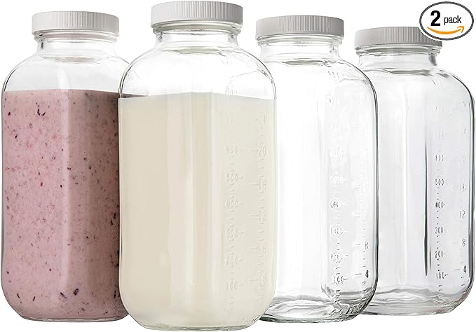 kitchentoolz 32oz Square Glass Milk Bottle with Plastic Airtight Lids Vintage Reusable Quart Sized Dairy Drinking Containers for Milk, Yogurt, Smoothies, Kefir, Kombucha, and Water- Pack of 2
