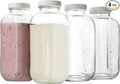 kitchentoolz 32 oz Square Glass Bottles with Plastic Airtight Lids – 4 Pack for Milk, Smoothies, Water, Kombucha, and Broth Storage