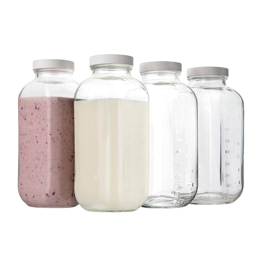 kitchentoolz 32 oz Square Glass Bottles with Plastic Airtight Lids – 4 Pack for Milk, Smoothies, Water, Kombucha, and Broth Storage