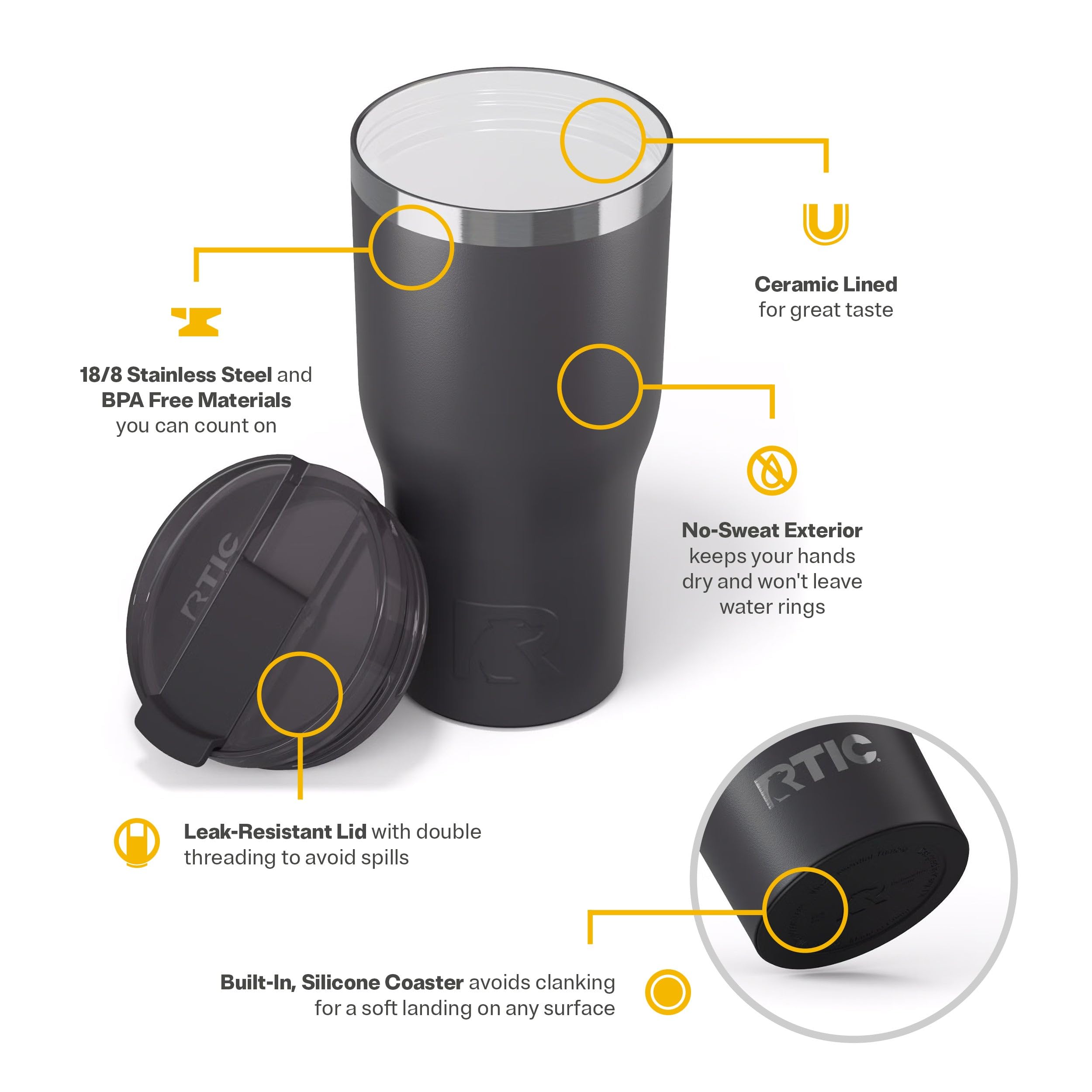 RTIC 30oz Essential Tumbler with Lid, Ceramic Lined, Graphite