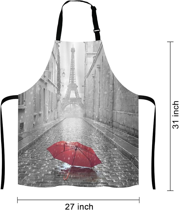 Paris France Apron, Red Umbrella in Rain Eiffel Tower Unisex Kitchen Bib with Adjustable Neck for Cooking Gardening,Adult Size