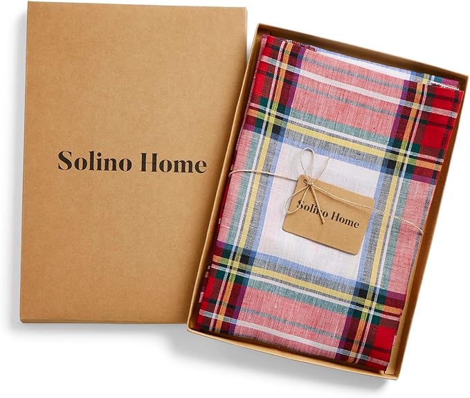Solino Home Linen Bib Apron for Men & Women - White Plaid Kitchen Apron with Front Pockets - Handcrafted from European Flax