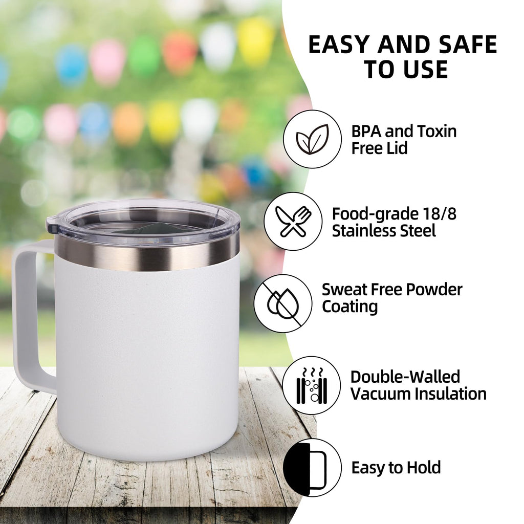Volhoply 14oz Insulated Stainless Steel Coffee Mug with Lid Bulk 8 Pack,Not Suitable for Sublimation,Double Wall Vacuum Travel Coffee Cup with Handle, Reusable Metal Camping Mugs Keep Cold(White,8)