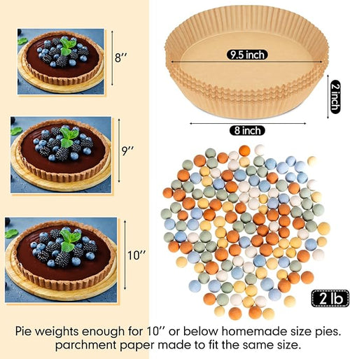 1 Pack 2 lb Multi Color Pie Weights for Baking Crust Reusable Ceramic Blind Baking Beans Stoneware with 50 Pcs Disposable Parchment Paper Pie Liner Fit 8, 9, 10 Inch Dish with Storage Bottle and Bag