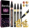 Renfio Chrome Paint Markers, 4 Colors Liquid Chrome Metallic Markers Mirror Repair Liquid Metallic Pen for Repairing Model Painting Resin DIY Craft Coloring (1-3mm) - Silver&Gold&Rose Gold&Copper