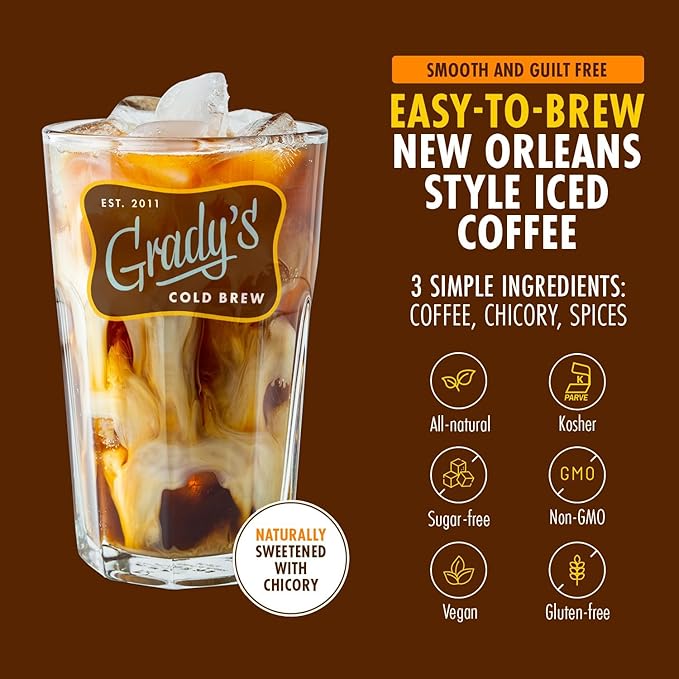 GRADY’S COLD BREW, New Orleans Style, 100% Arabica Ground Coffee & Chicory Pouches, SIX Bundles of 4 Easy-to-Brew Bean Bags, Makes 72 drinks