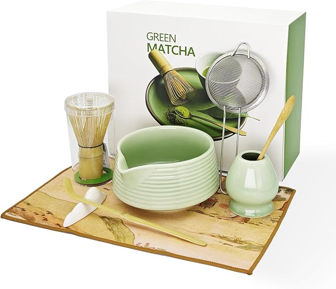 Matcha Whisk Set, Matcha Bowl with Spout, Tea Brush Stand, Stainless Steel Sifter, Matcha Whisk Holder - 8 Pcs Green Matcha Kit Set for Matcha Lover Ideal Holiday Gift, Tea Making Tools