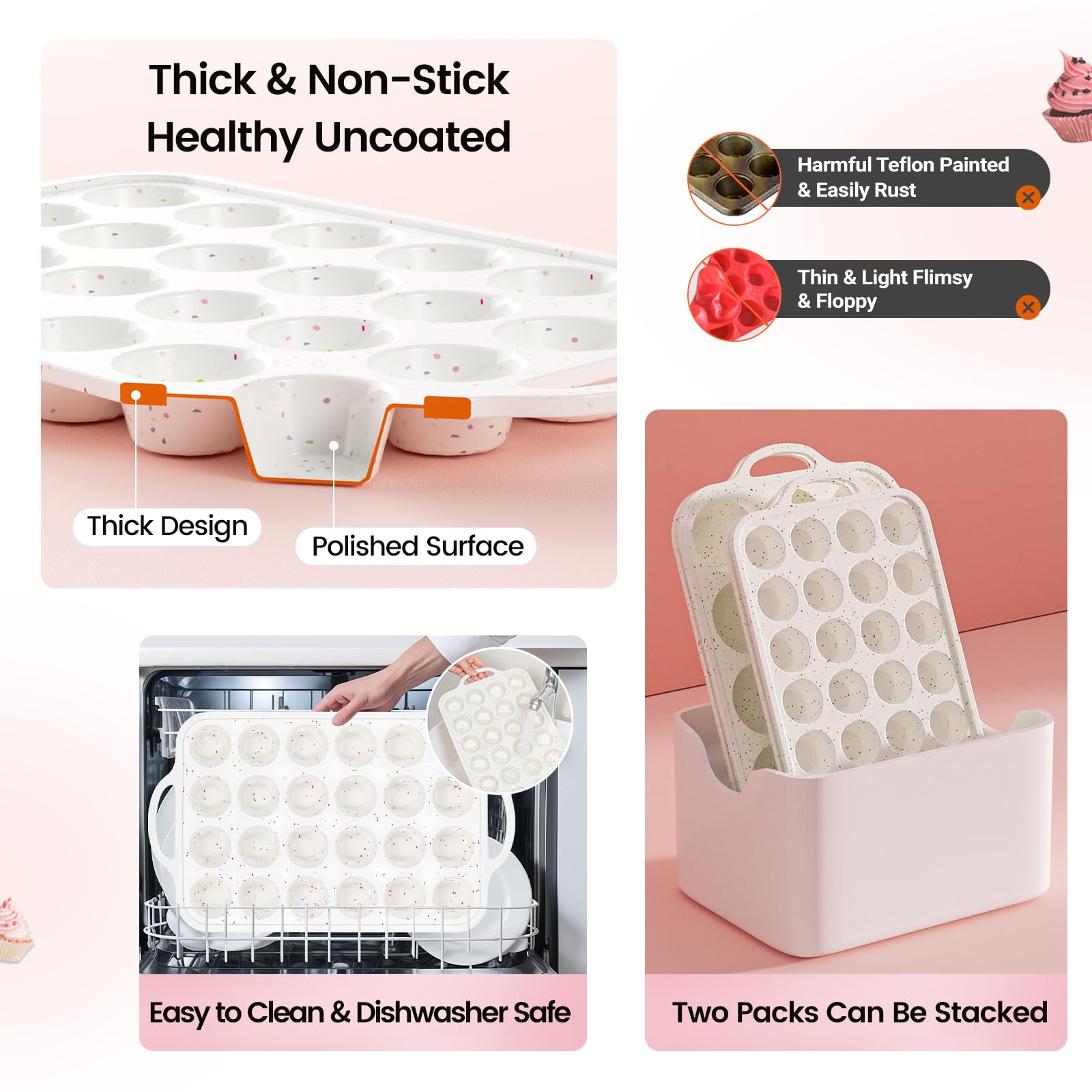 Fimary Silicone Muffin Pans With Metal Reinforced Frame - 24 Cups Durable Silicone Baking Pan for Muffins, Cupcakes, BPA Free and Dishwasher Safe - Beige with Rainbow Spots, Set of 2
