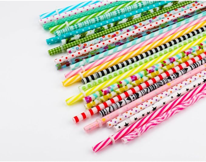 50 Pack Reusable Straws, BPA-Free, 9" Colorful Hard Plastic Stripe Drinking Straw for Mason Jar Tumbler, Family or Party Use with Cleaning Brush