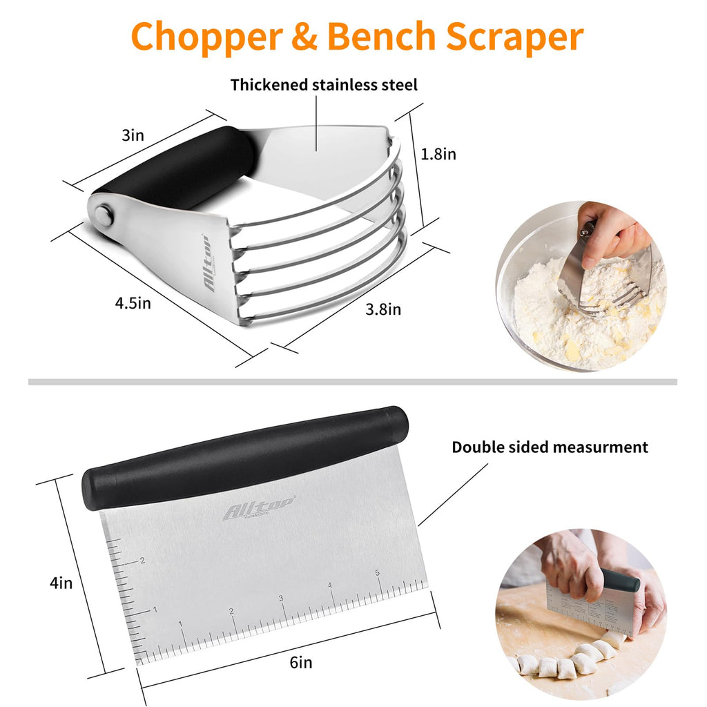 ALLTOP Stainless Steel Bench Scraper and Pastry Blender Cutter Set, Efficient Multipurpose Kitchen Baking Essential Tool with Comfortable Grip Handle-Perfect for Nut, Pie and Dough Processing - Black