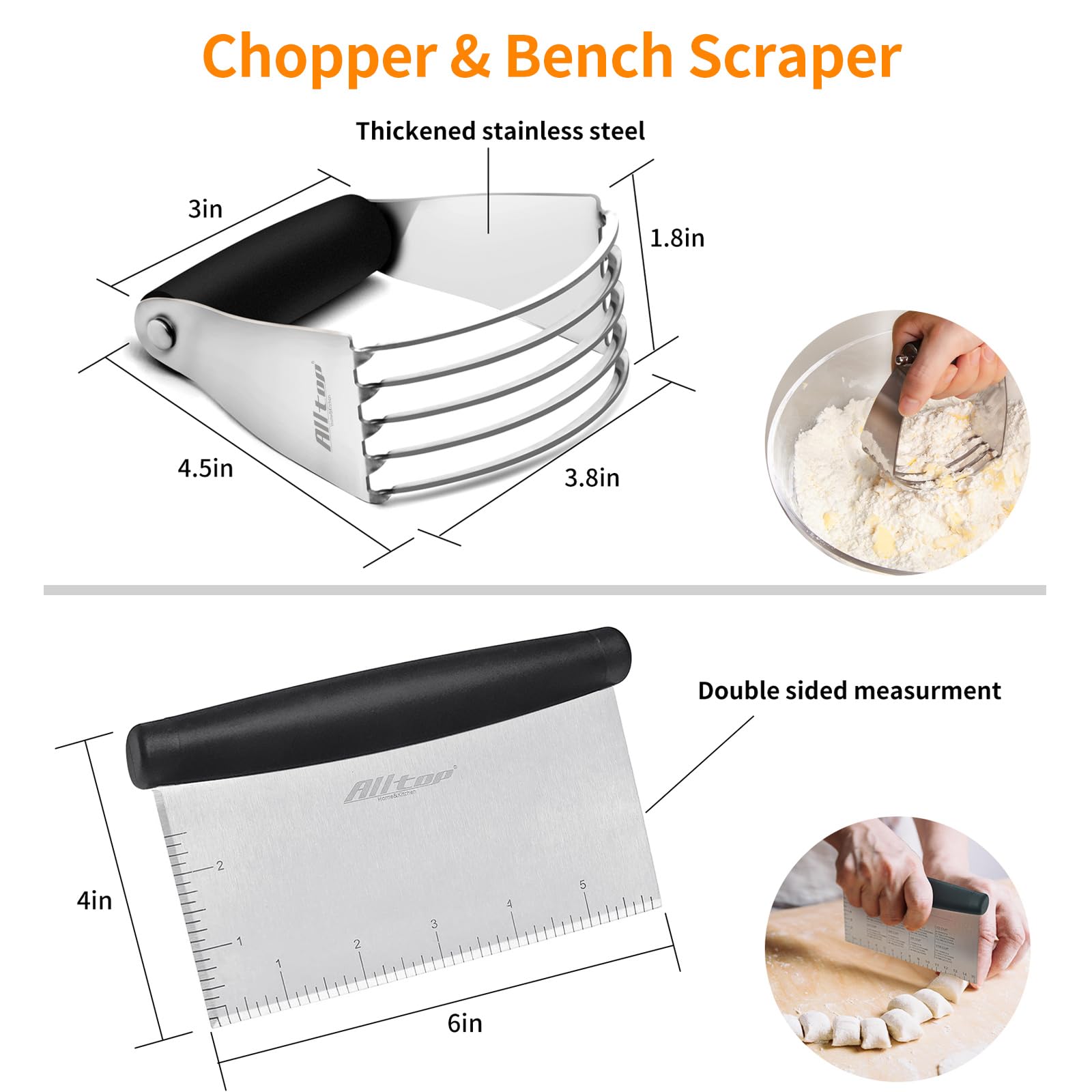 ALLTOP Stainless Steel Bench Scraper and Pastry Blender Cutter Set, Efficient Multipurpose Kitchen Baking Essential Tool with Comfortable Grip Handle-Perfect for Nut, Pie and Dough Processing - Black