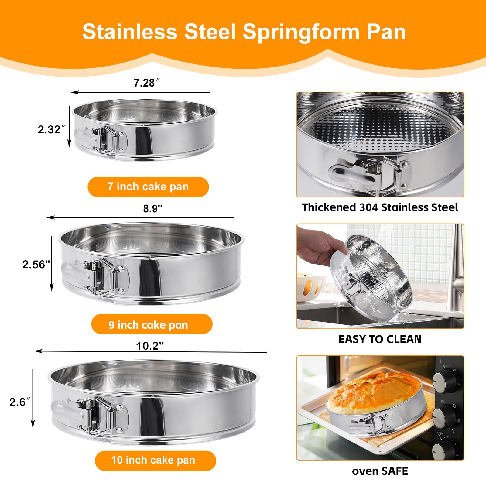 Aufind Springform Pan Set for Baking (7,9,10inches), 304 Stainless Steel Springform Cake Pan with Removable Bottom, Cheesecake Pan with 50PCS Parchment Paper for Pie Cake Pizza and Quiches