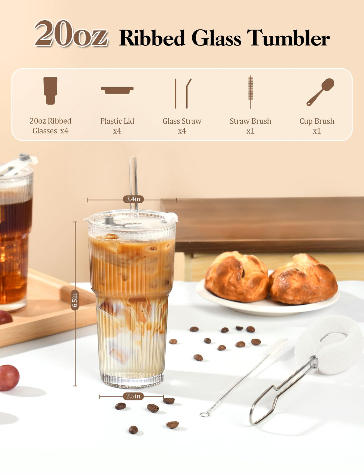 Amyoole 20 oz with Lids and Straws Ribbed Glass Cup Set of 4