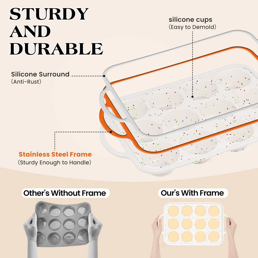 AOTASO 2 Pcs Silicone Muffin Pan with Metal Frame Nonstick 12 Cup Regular Size Cupcake Pan Silicone Muffin Tray for Baking Egg Bites Muffins Cupcakes Gifts for Mom Home Baker Kitchen (Cream)