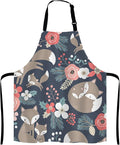 Cute Fox Family and Flowers Bib Apron with Adjustable Neck for Men Women,Suitable for Home Kitchen Cooking Waitress Chef Grill Bistro Baking Apron