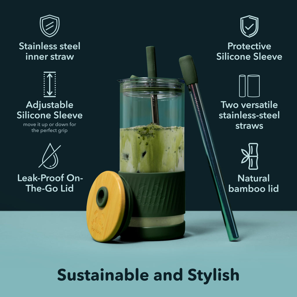 Pandaloo® Glass Cups With Lids and Straws -20 Fl Oz- Perfect Size Iced Coffee Cup - Smoothie Cup With Bamboo Lid and On the go Lid - Glass Tumbler With Straw (1 Count (Pack of 1), Autumn Gold)