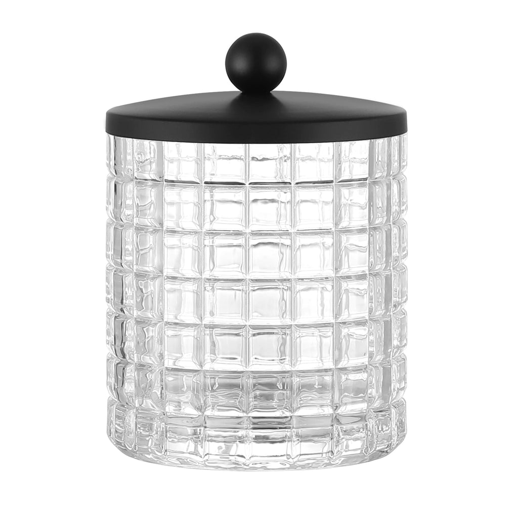 Indecor Home Glass Cotton Jar Holder Matte Black Lid, Elegant Bathroom Storage Canister for Qtips, Cotton Balls, Floss, Makeup Organizer, Vanity Bathroom Organization