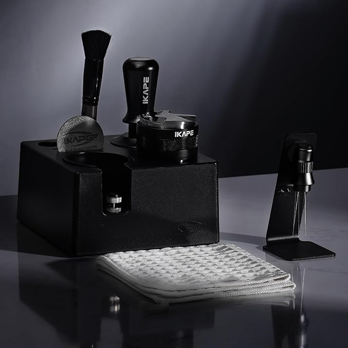 IKAPE 53MM Black Espresso Tool Set 8 IN 1, Coffee Tamper, Distributor, Magnetic Funnel, Puck Screen, Tamper Station, Stirrer Distribution Tool, Cleaning Towel and Brush