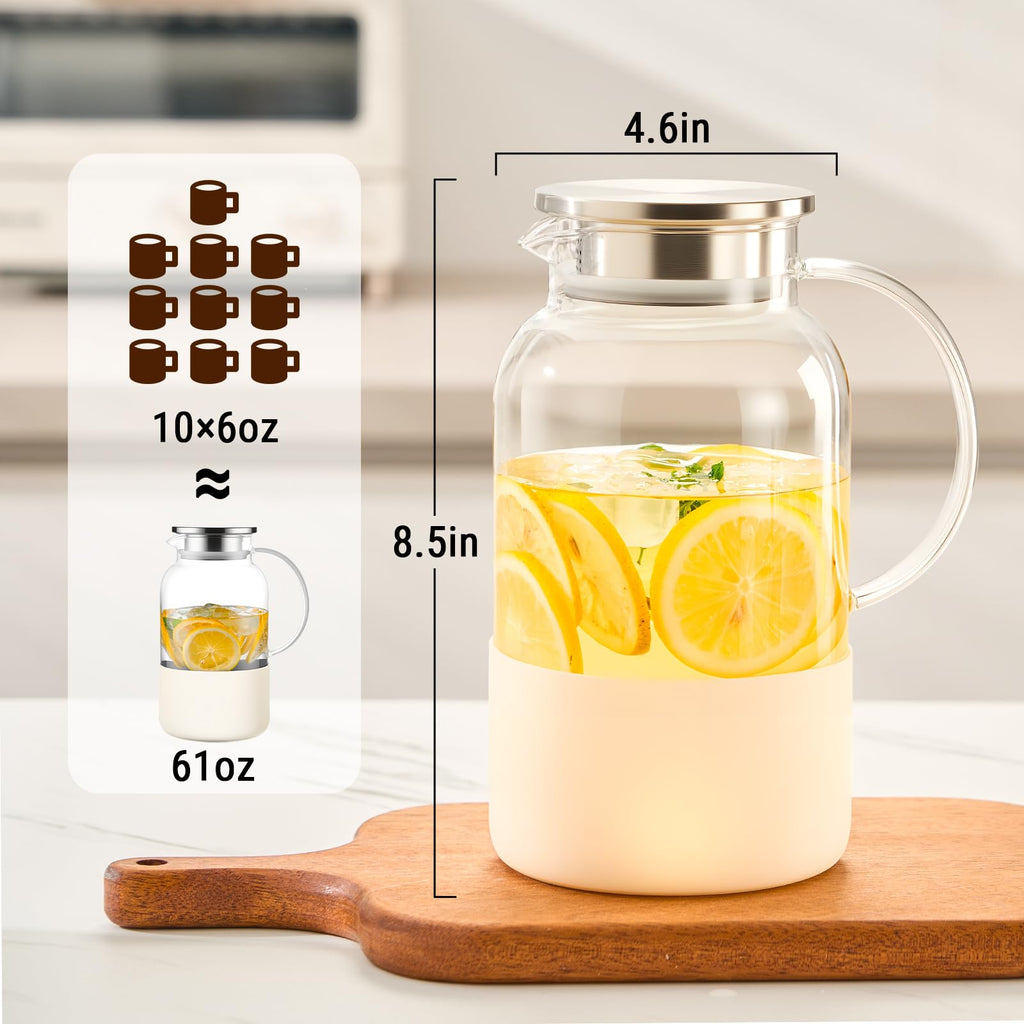 PARACITY Glass Pitcher with Lid, 61 oz Glass Water Pitcher, Off-White Base