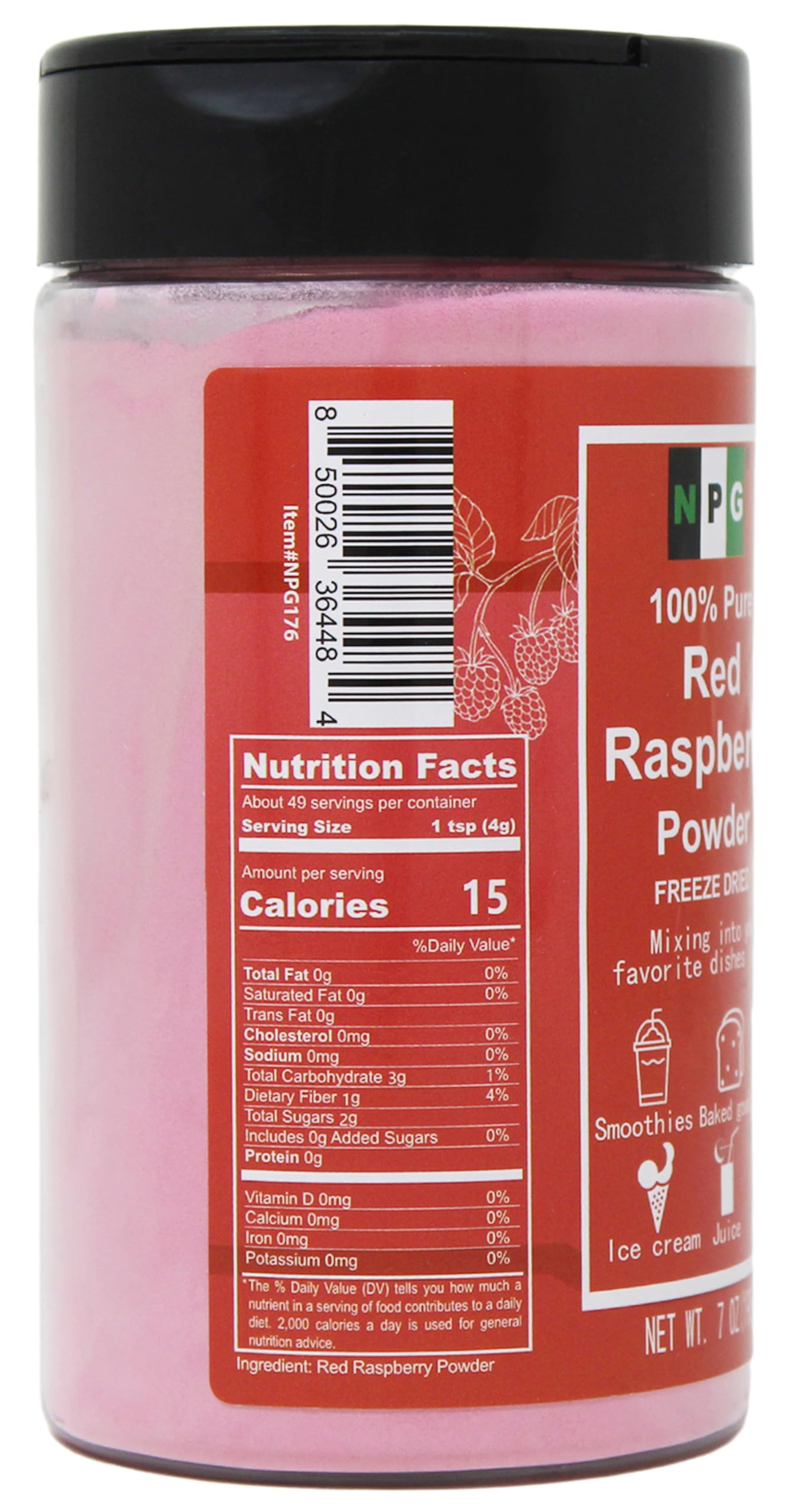 NPG Freeze Dried Red Raspberry Juice Powder 7 oz, Seedless Superfood Powder