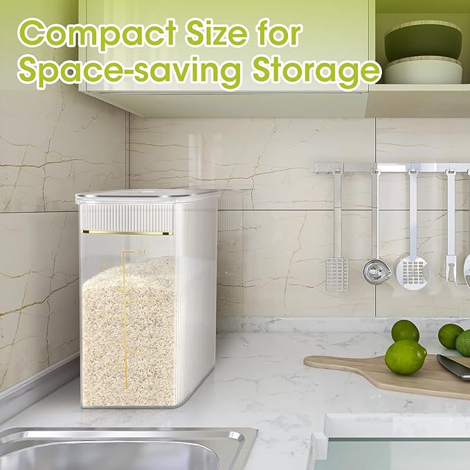 TBMax Rice Storage Container 20 Lbs, Crystal-Clear Large Food Container Rice Holder Bin with Measuring Cup for Flour, Sugar, Oatmeal, Kitchen Pantry Organization and Storage