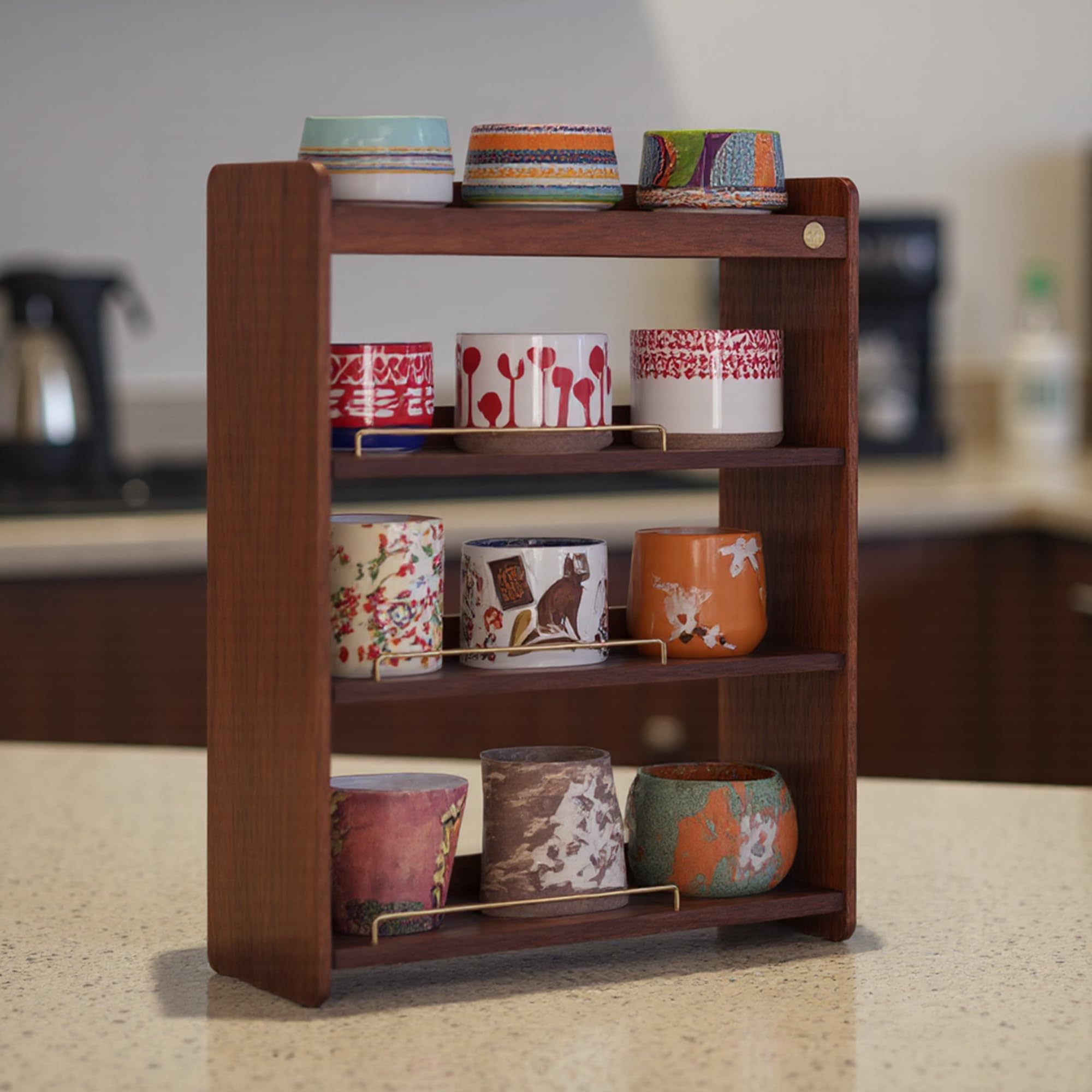 KAOTGOT Coffee Mug Holder Wooden Cup Rack Mug Display Shelf Coffee Cup Holder for Countertop 4 Tier Wood Coffee Mugs Holder for Kitchen Coffee Cup Storage