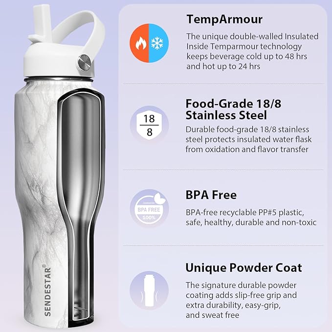 SENDESTAR 32oz Water Bottle Wide Mouth Stainless Steel Vacuum Insulated Double Wall with 2 Straw Lids Fit in Any Car Cup Holder TXIN-32-Marbling