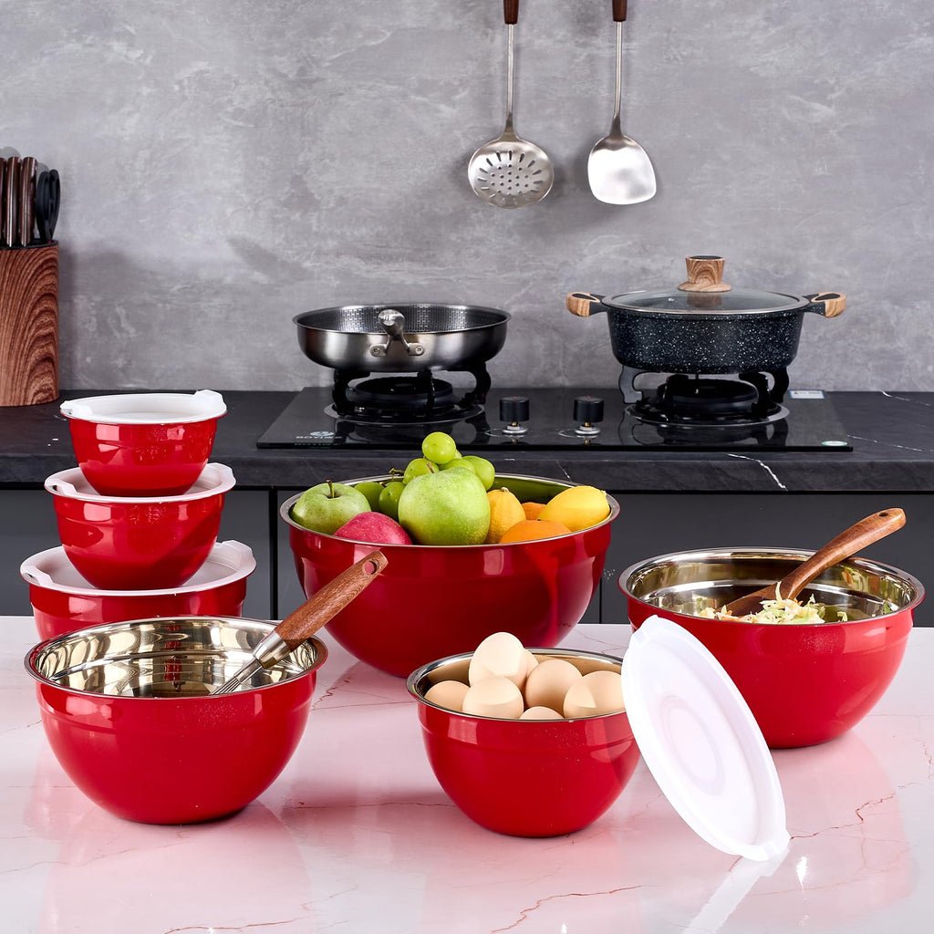 Onlycooker Red Mixing Bowls With Airtight Lids,Stainless Steel Bowl,Salad Bowls 7 Piece Colorful Nesting Bowl Red Kitchen Accessories,Size 7,3.6,2.7,2.1,1.5,1.1,0.8QT Stackable Design