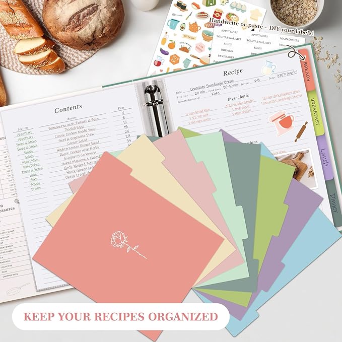 Lanpn Recipe Binder 8.5x11 3 Ring Kit, Waterproof Organizer Binder Recipe Book with 60 Plastic Sleeves,116 Recipes, Dividers,Labels & Stickers, Blank Cookbook to Write in Your Own Recipes, Leaf