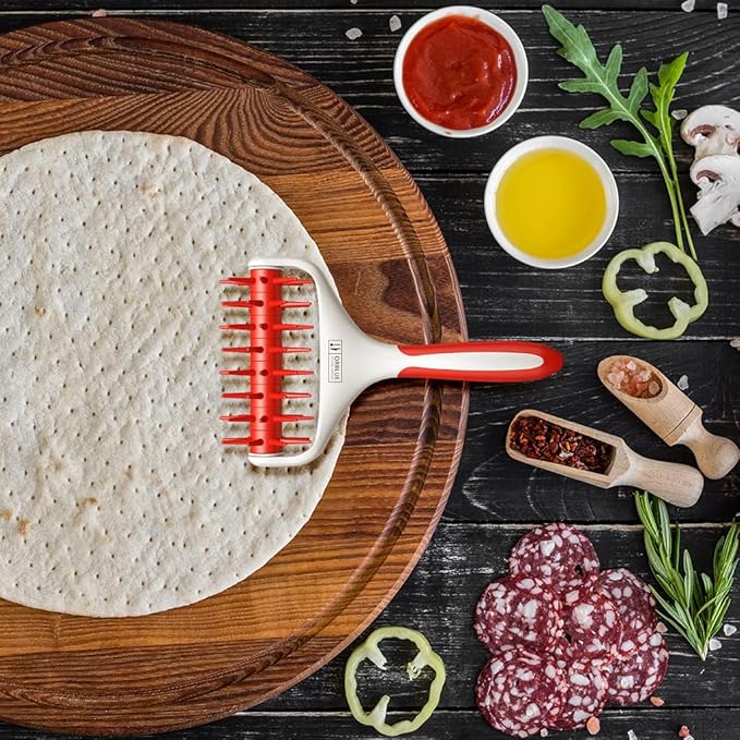 Orblue Pizza Dough Docker, Pastry Roller with Spikes, Pizza Docking Tool for Home & Commercial Kitchen - Pizza Making Accessories that Prevent Dough from Blistering, Red