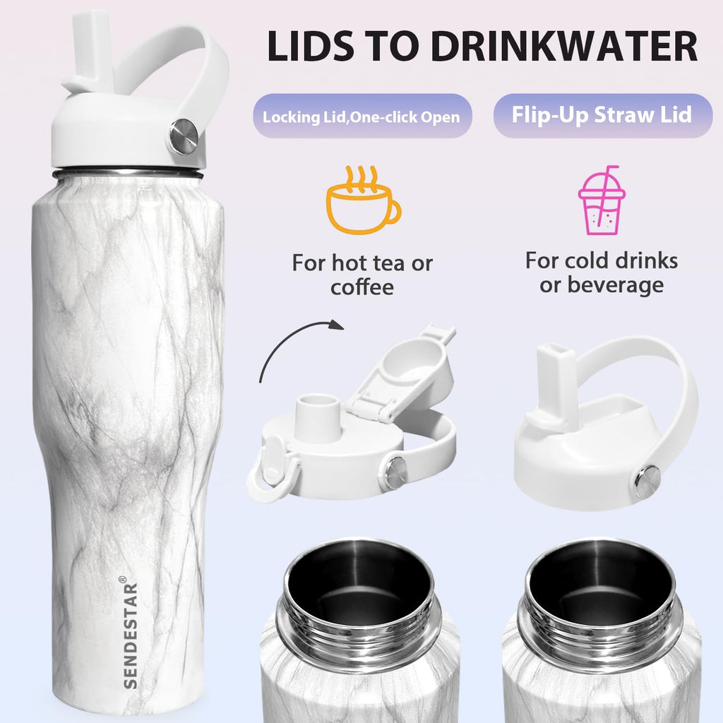 SENDESTAR 40oz Stainless Steel Water Bottle(Cold for 48 Hrs, Hot for 24 Hrs),Double Wall Vacuum Insulated Bottle with Straw Lid, Spout Lid and Flex Cap, Fit in Any Car Cup Holder